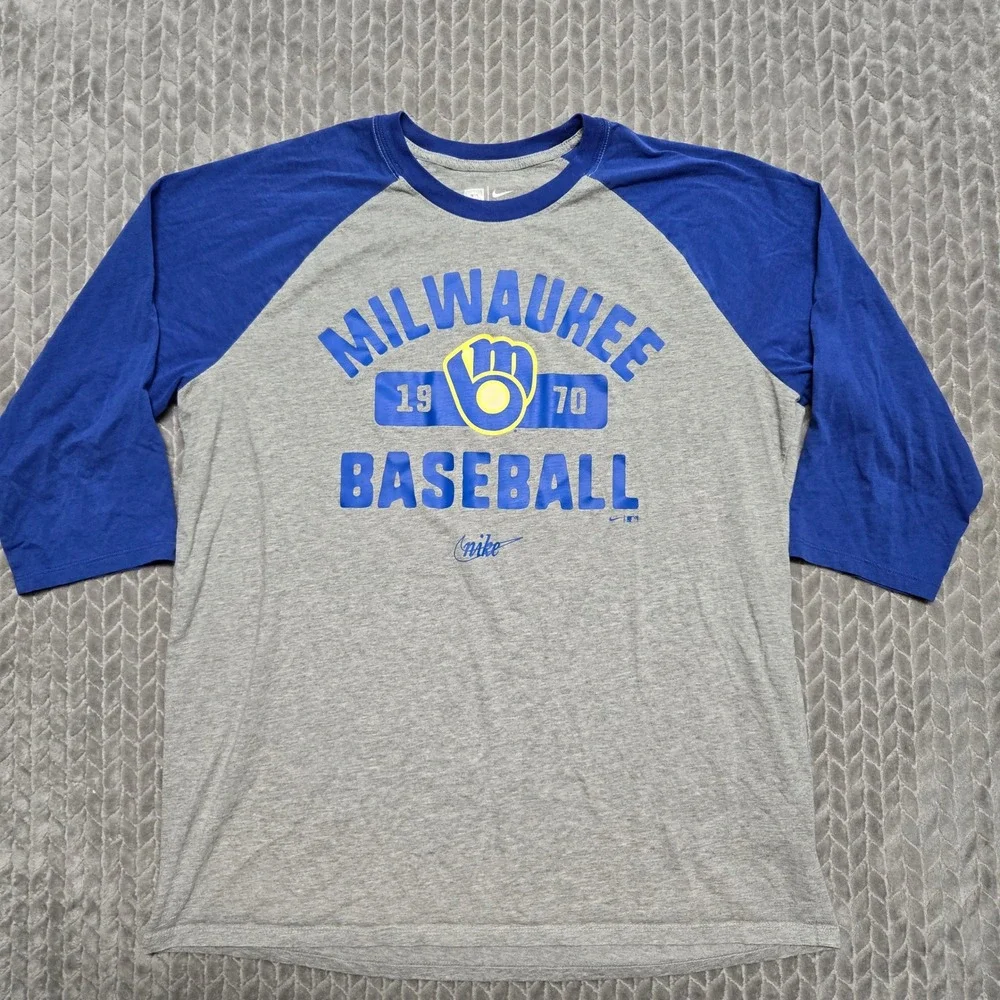 Nike Milwaukee Brewers Cooperstown Collection Raglan 3/4 Sleeve Shirt Mens XL
